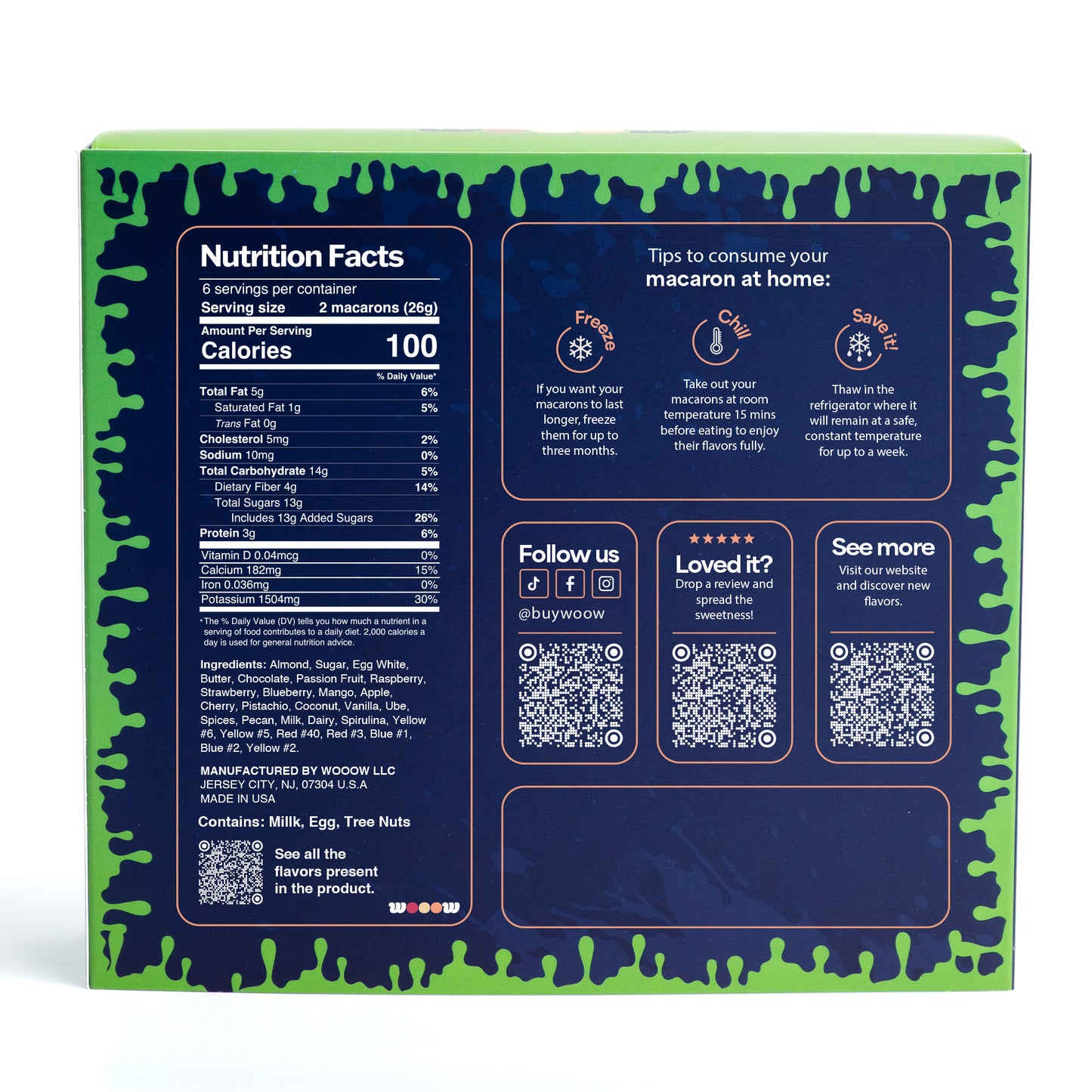 Back of Halloween macarons gift box with nutrition facts, natural ingredients list, storage tips, QR codes for Instagram, TikTok, and website by Wooow Macarons.