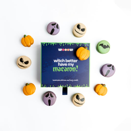 Halloween macaron box side view – Wooow Macarons gift box showing gluten free, natural ingredients, non-GMO, no high fructose corn syrup. Healthy Halloween cookies / coockies.