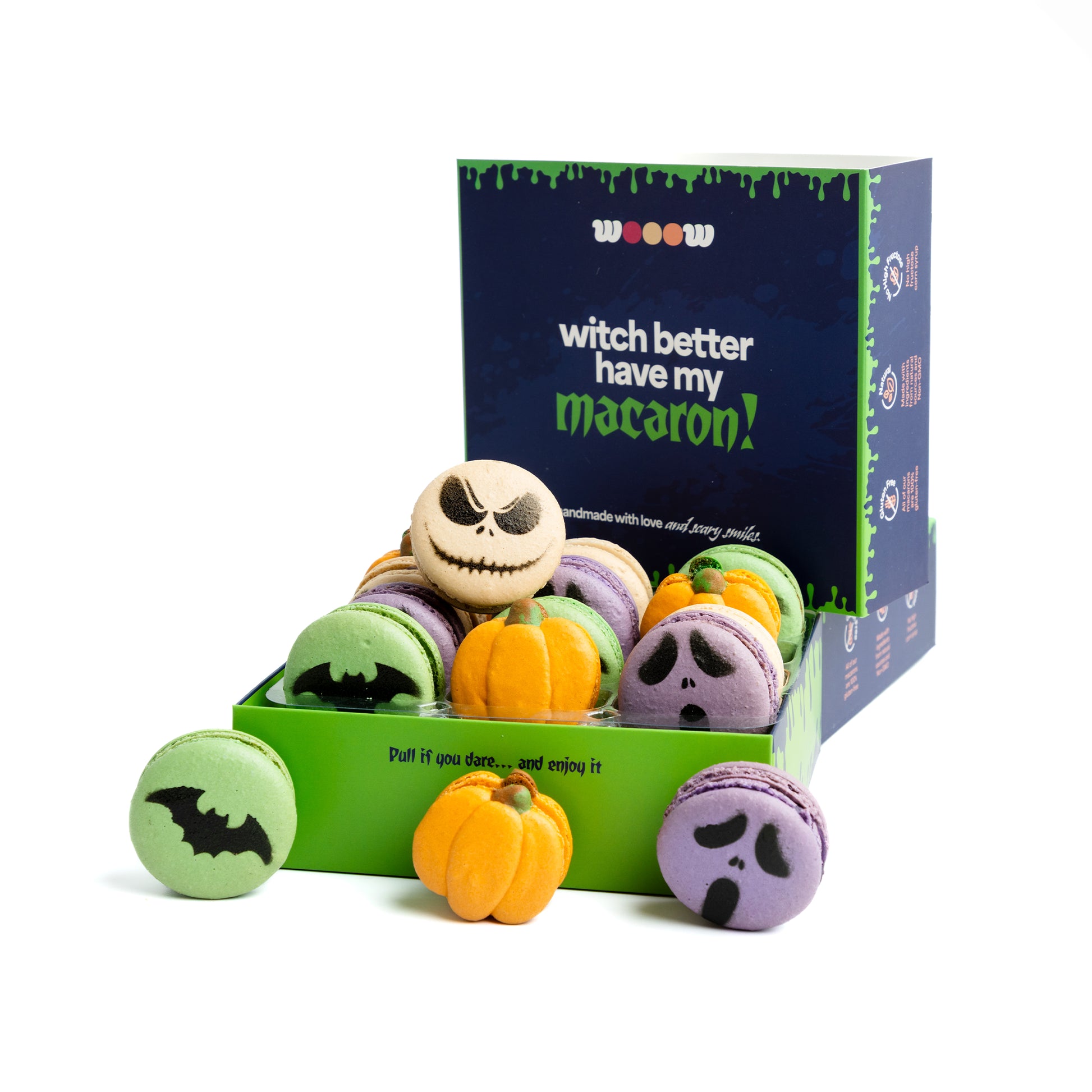 Halloween assorted macarons gift box – spooky French macaron cookies with pumpkin, Scream mask, Jack Skellington, and bat designs. Fun party favors or unique Halloween gifts.